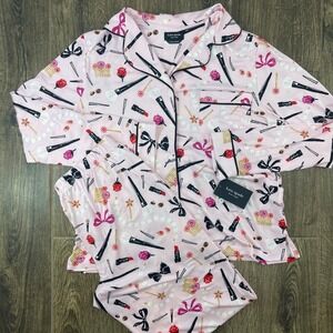 NWT Kate Spade GLAM BOWS MAKEUP Pink Pajama Set S Long Sleeve Pants Cozy Lounge